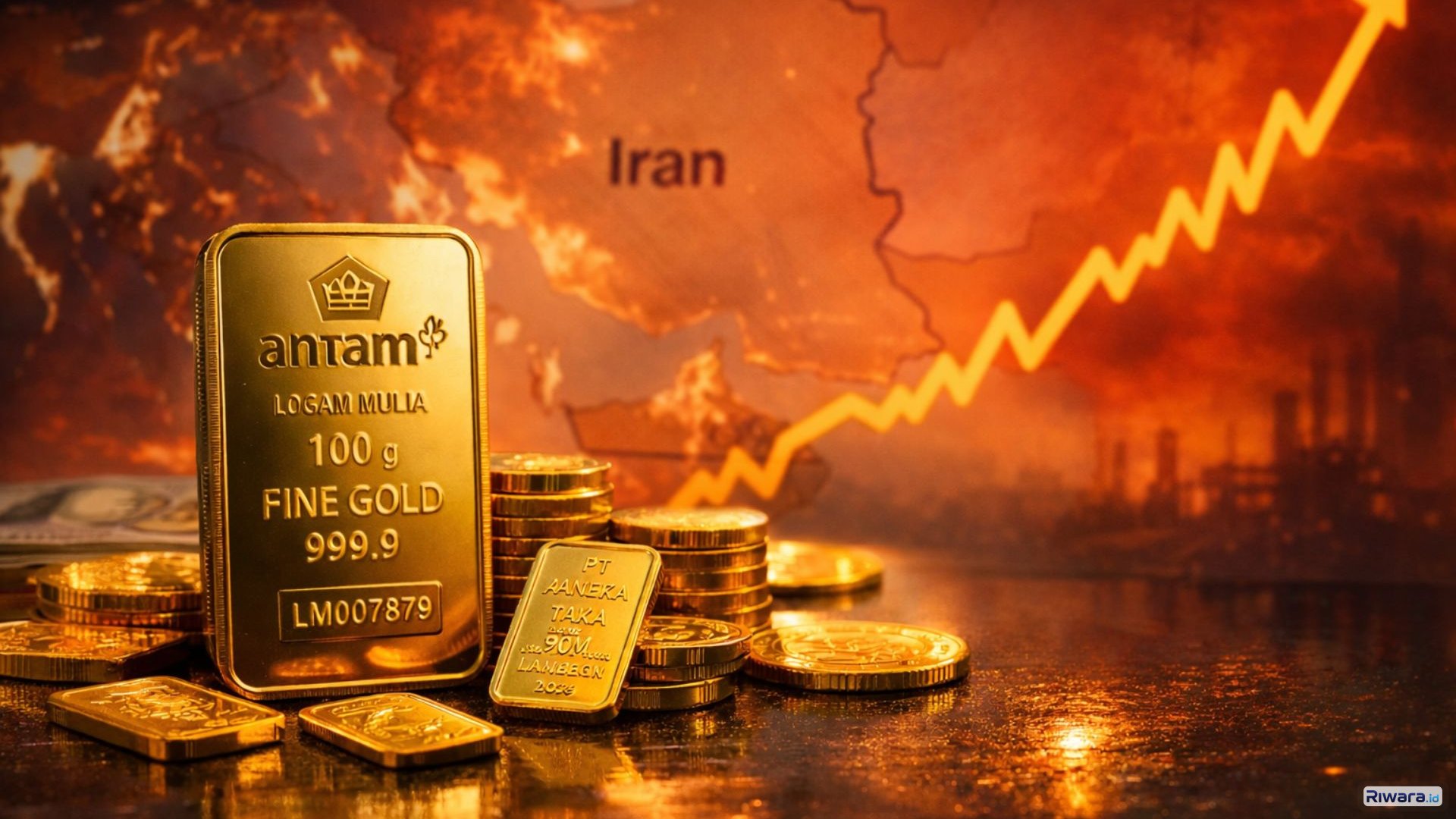 Ilustrasi emas batangan Antam dengan latar grafik kenaikan harga emas dunia di tengah ketegangan Timur Tengah.